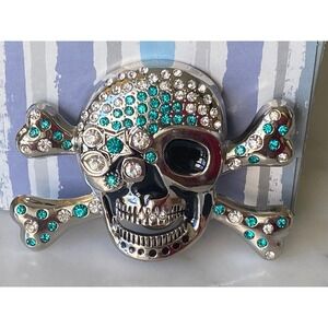 Silver Skull Crossbones Belt Buckle Teal Clear Rhinestone Crystal Star Eye Patch